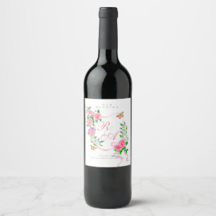 Pink Rose Ribbon Monogram Wedding Wine Label