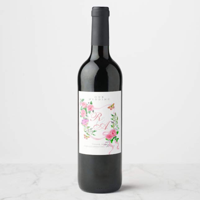 Pink Rose Ribbon Monogram Wedding  Wine Label (Front)