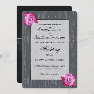 Pink Rose Ribbon Silver Glow Wedding Invitation