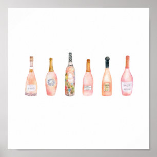 Pink rosé rose wine bottle watercolor illustration poster