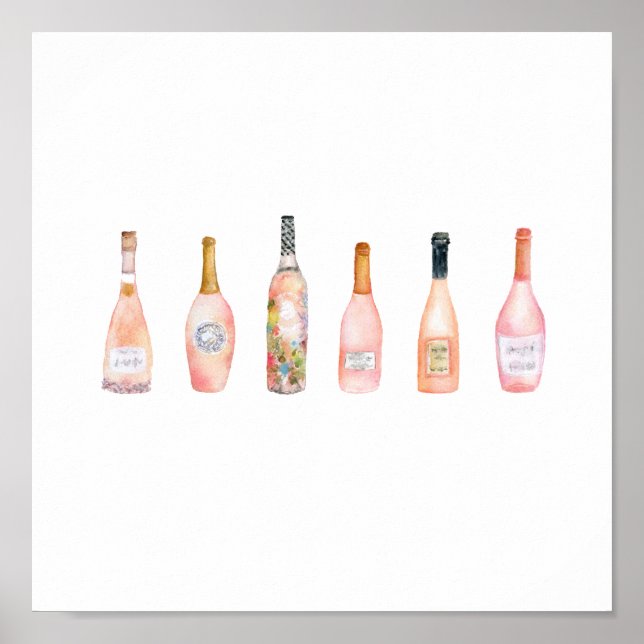 Pink rosé rose wine bottle watercolor illustration poster (Front)