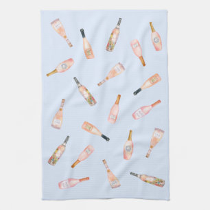 Pink rosé rose wine bottle watercolor illustration tea towel