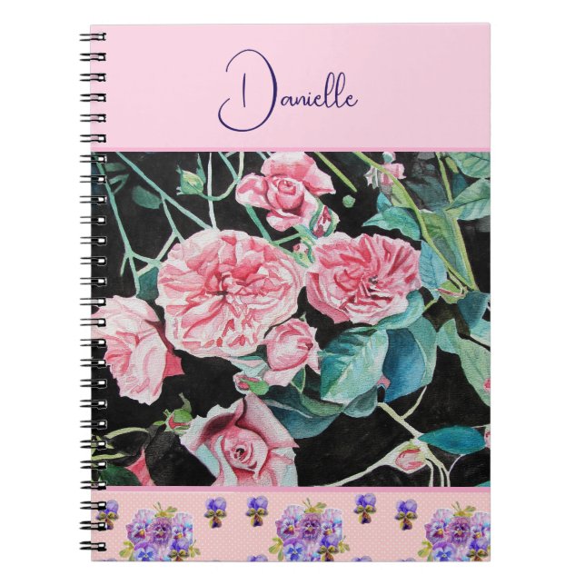 Pink Rose Roses Watercolor Customisable Notebook (Front)