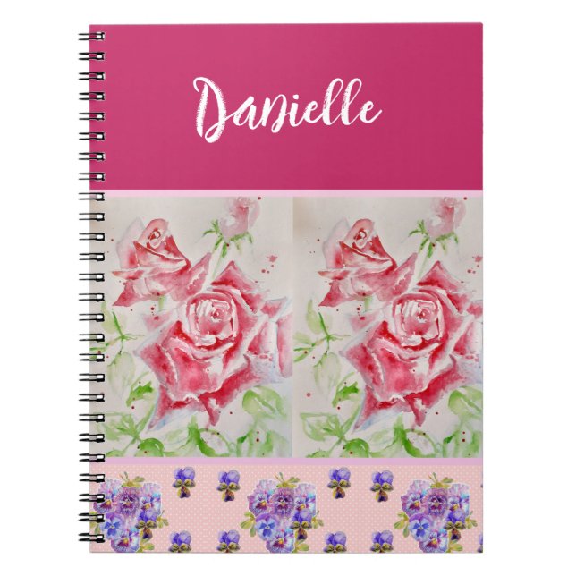 Pink Rose Roses Watercolor Customisable Notebook (Front)