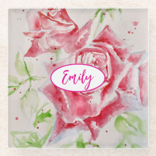 Pink Rose Roses Watercolor Flower Floral art Glass Coaster