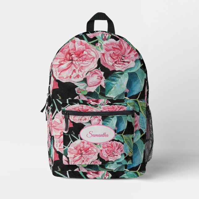 Pink Rose Roses Watercolor Girls Backpack (Front)