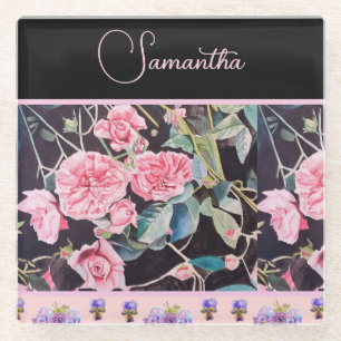 Pink Rose Roses Watercolor Vintage Customizable Glass Coaster