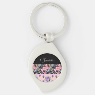 Pink Rose Roses Watercolor Vintage Customizable Key Ring