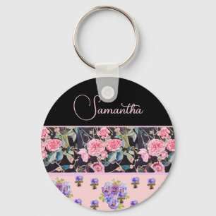 Pink Rose Roses Watercolor Vintage Customizable Key Ring