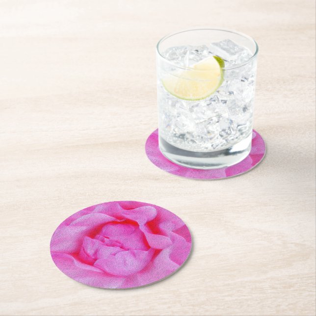 pink rose round paper coaster (Insitu)