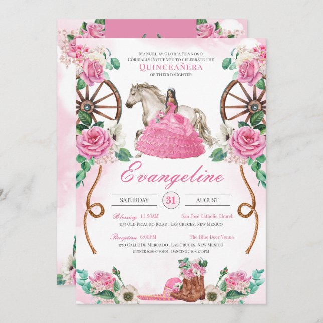 Pink Rose Rustic Floral Western Charra Quinceanera Invitation (Front/Back)
