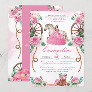 Pink Rose Rustic Floral Western Charra Quinceañera Invitation