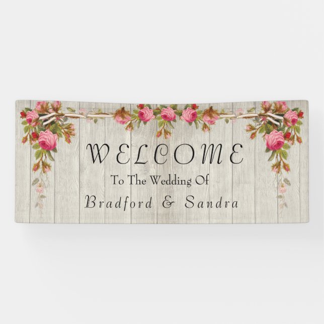  Pink Rose Rustic Wedding Grey Barn Wood  Banner (Horizontal)