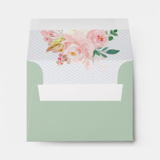 Pink Rose Sage Green Floral Striped RSVP Wedding Envelope