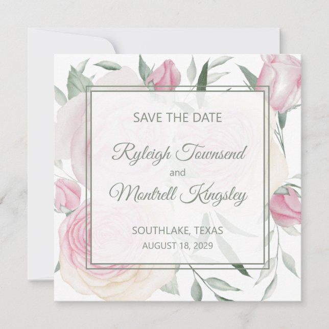 Pink Rose Save The Date Card (Front)