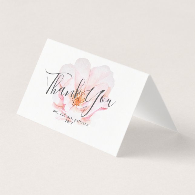 Pink Rose &  Script Wedding Thank You Card (Front)