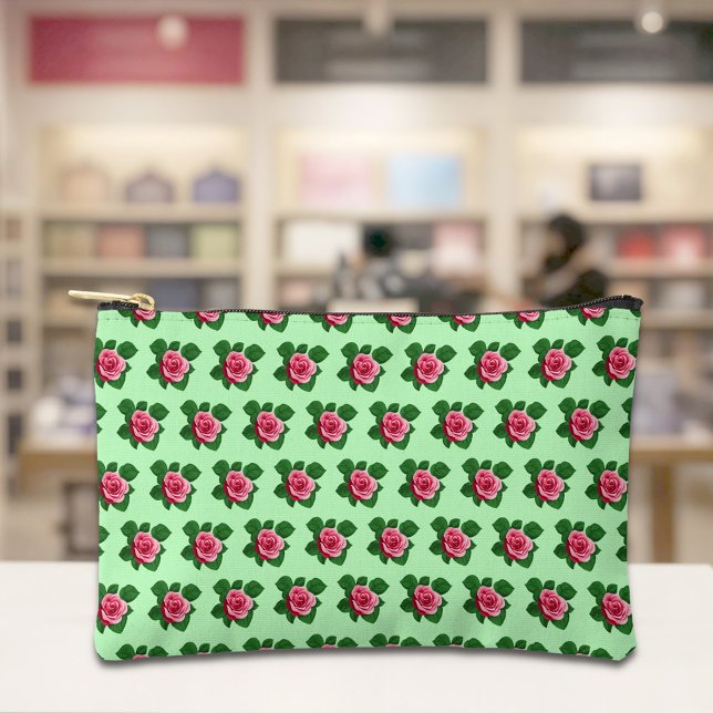 Pink Rose Seamless Pattern on Light Green Pouch (Light green pouch with seamless pattern of a pink rose)