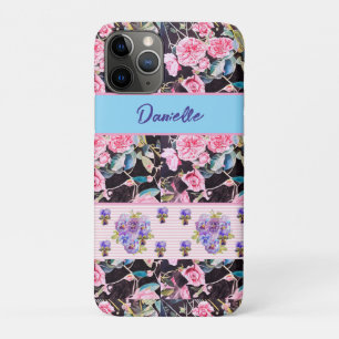 Pink Rose Shabby Chic Watercolor Roses Pink Blue iPhone 11 Pro Case