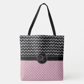 Pink Rose Silver Black Glitter Chevron Monogram Tote Bag