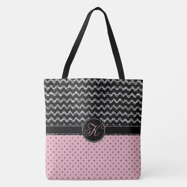 Pink Rose Silver Black Glitter Chevron Monogram Tote Bag (Front)