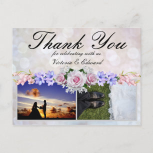 Pink Rose   Silver Bokeh Thank You Wedding Postcard
