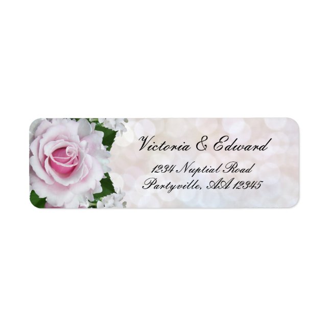 Pink Rose | Silver Bokeh Wedding Return Address Label (Front)