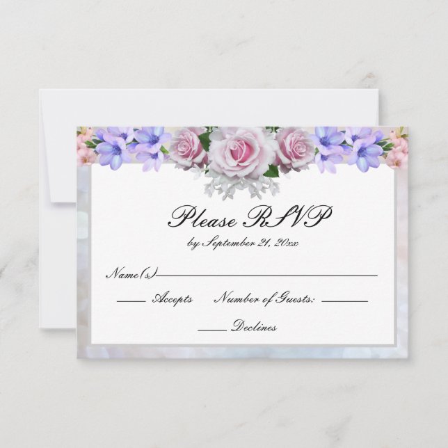 Pink Rose | Silver Bokeh Wedding RSVP Card (Front)