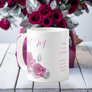 Pink Rose Silver Leaves 'You are Loved' Mum's Coffee Mug
