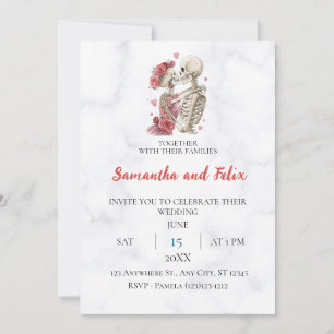 Pink Rose Skeleton Kiss Marble Wedding Invitation