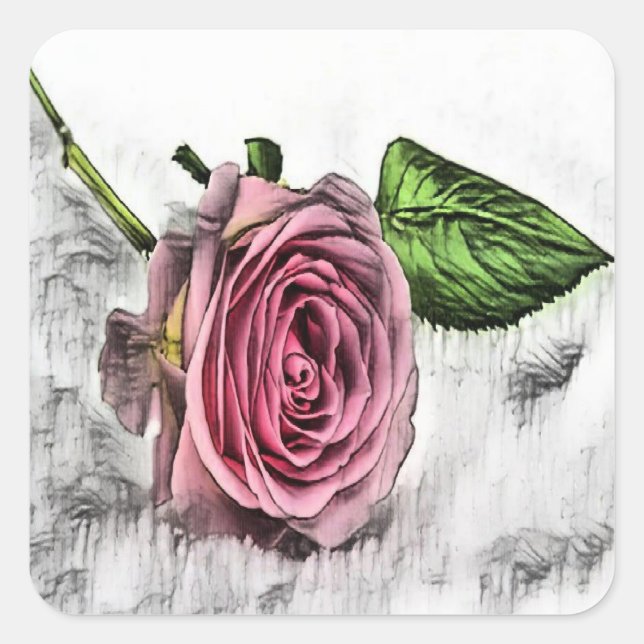 Pink rose sketch flower square sticker (Front)