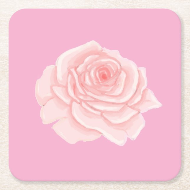 Pink rose square paper coaster (Front)