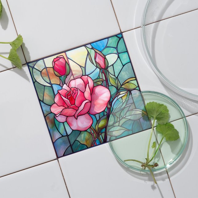 Pink Rose Stained Glass Mosaic Ceramic Tile (Creator Uploaded)