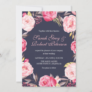 Pink Rose Stripes and Floral Wedding Invitation