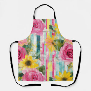 Pink Rose Sunflower Teal Summer Floral Apron