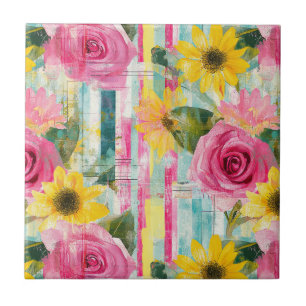 Pink Rose Sunflower Teal Summer Floral Ceramic Tile