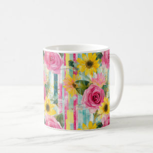 Pink Rose Sunflower Teal Summer Floral Coffee Mug