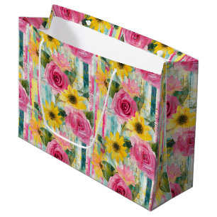 Pink Rose Sunflower Teal Summer Floral Large Gift Bag