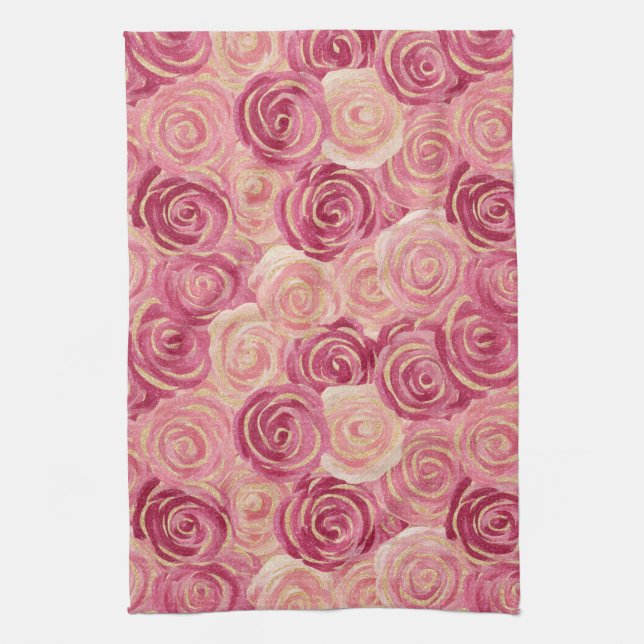 Pink Rose Swirl Glitter Seamless Pattern Tea Towel (Vertical)