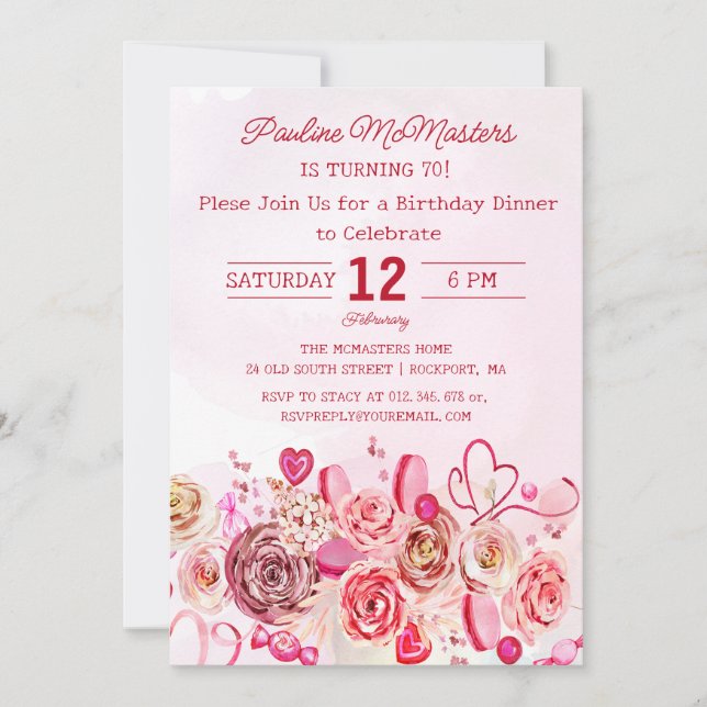 Pink Rose Swirly Heart 70th Birthday Dinner Invitation (Front)