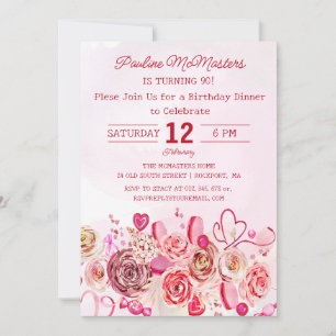Pink Rose Swirly Heart 90th Birthday Dinner Invitation