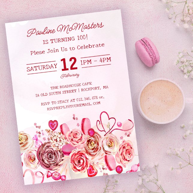 Pink Rose Swirly Heart Valentine's 100th Birthday Invitation (Creator Uploaded)