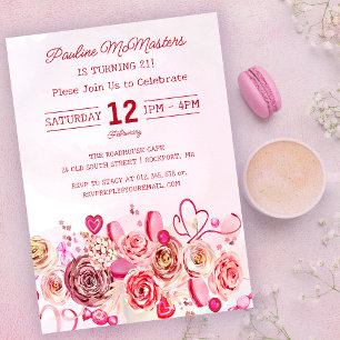 Pink Rose Swirly Heart Valentine's 21st Birthday Invitation