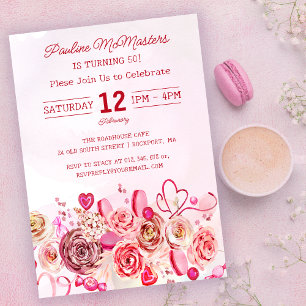 Pink Rose Swirly Heart Valentine's 50th Birthday Invitation