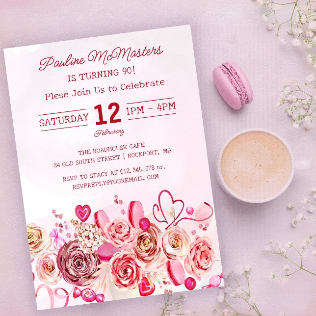 Pink Rose Swirly Heart Valentine's 90th Birthday Invitation (Creator Uploaded)