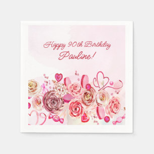 Pink Rose Swirly Heart Valentine's 90th Birthday Napkin