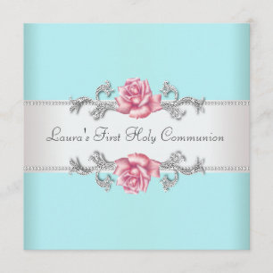 Pink Rose Teal Girls Teal First Communion Invitation