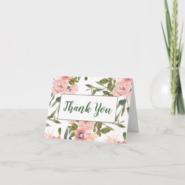 Pink Rose Themed Thank You Note Card (Front)