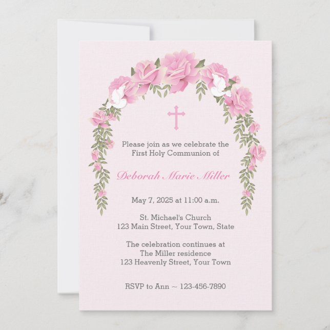 Pink Rose Trellis Religious Invitation (Front)