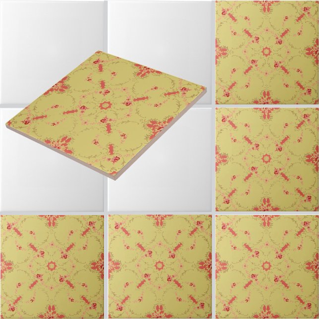 Pink rose trellis with floral medallion pattern ceramic tile (Creator Uploaded)