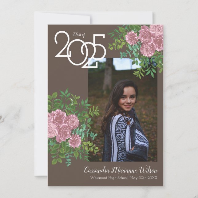 Pink Rose Vintage Brown Graduation Announcement (Front)